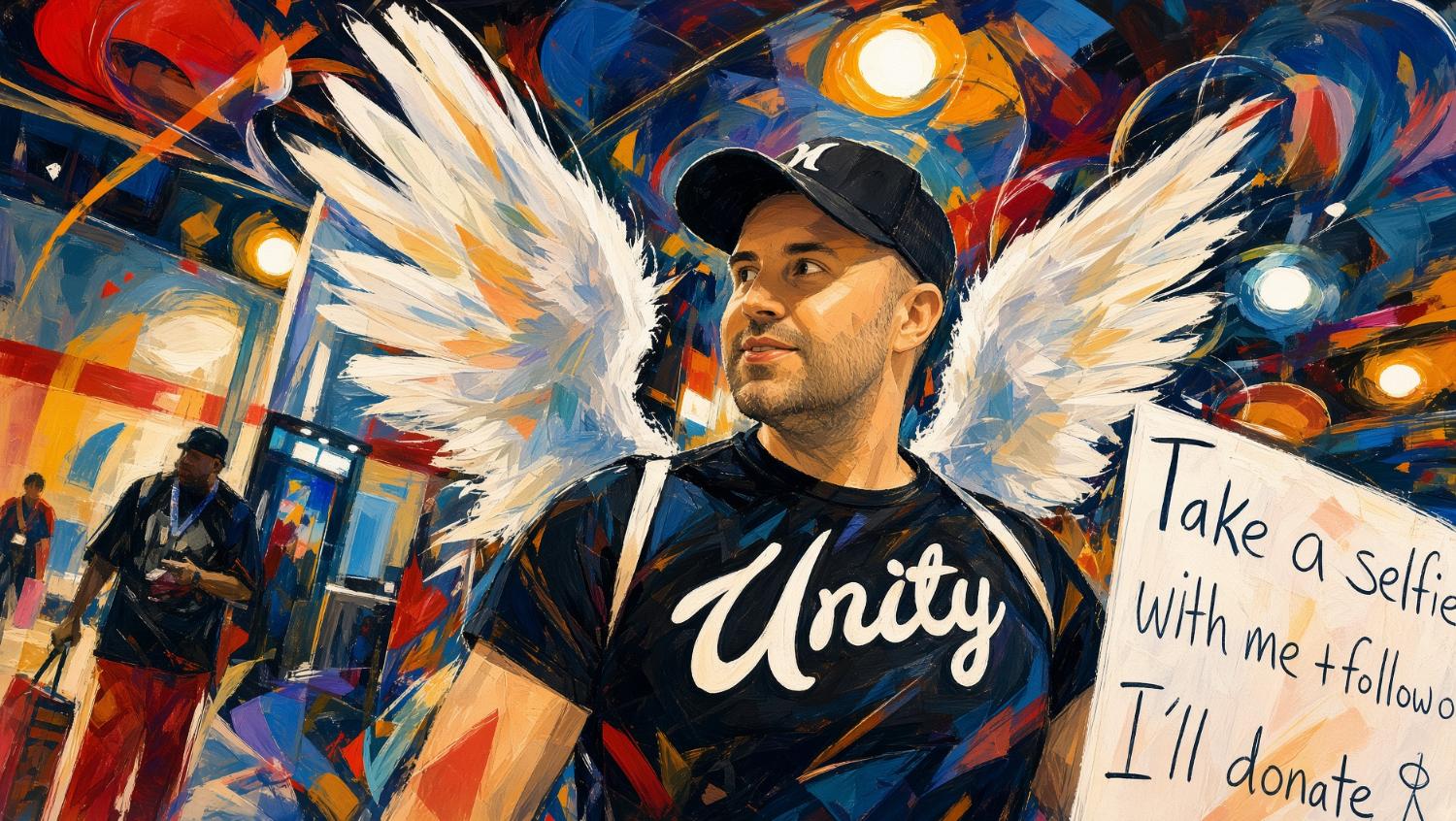 Painted portrait of Adam Lowisz wearing a Unity shirt and angel wings, holding a sign that says take a selfie with me and I will donate